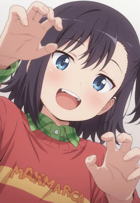 masterpiece, best quality, amazing quality, general, simple background, white background,
blue eyes, black hair, medium hair, one side up, red hairtie, red sweater, yellow stripe sweater, clothes writing, green plaid collared shirt, blue pants, pink socks,
1girl, upper body, from below, looking at viewer, smile, open mouth, teeth, hands up, claw pose