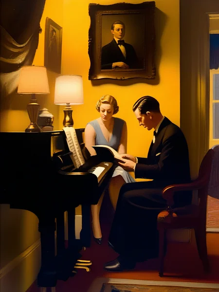 <lora:03realismPainting_Hap_XL:1>,realism,American art,oil painting,peaceful, interior, man, woman, reading, piano, lamp, yellow walls, formal attire, vintage, 1940s, domestic, evening, quiet, focused, soft lighting, home,