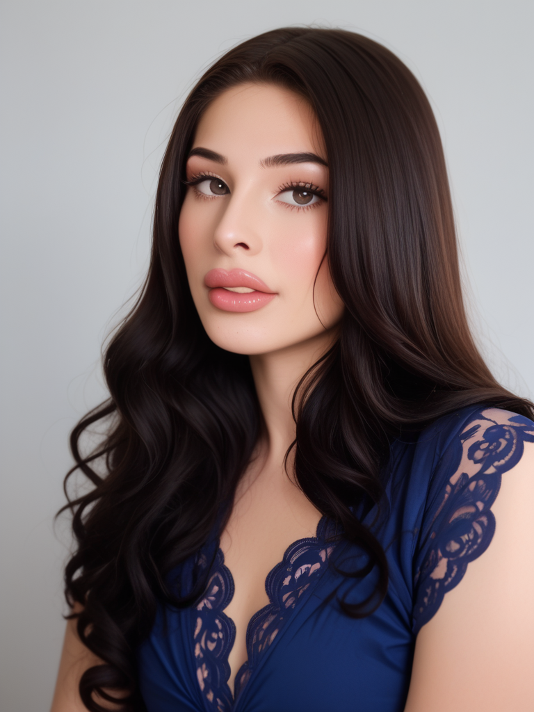 score_9, score_8_up, score_7_up, Al3x4Scout, Alexa Scout, <lora:Al3x4Scout-pony:1>,   1girl, makeup, lips, long hair, big lips, parted lips, lipgloss, teeth, (bobbed hair), dark hair, blue blouse, portrait, solo, looking at viewer, bokeh, focus, film, velvia, artistic, best quality, photograph, focus