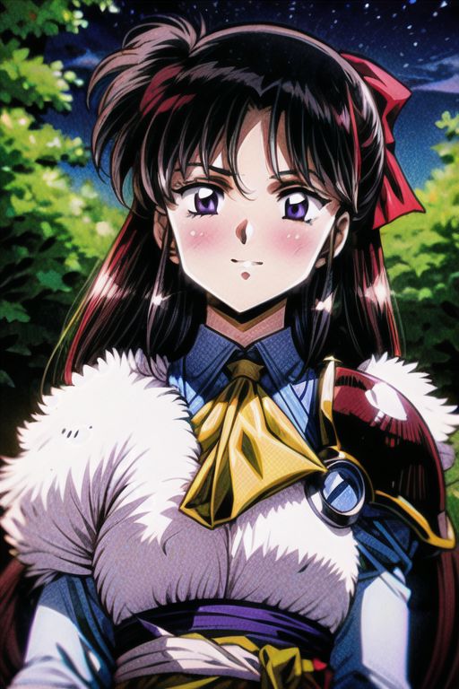 best quality 1girl Setsun4 solo long hair,  (night time) forest background black hair very long hair purple eyes multicolored hair armor, small, (fur trim) (medium body),<lora:EMS-179-EMS:0.800000>,<lora:EMS-293862-EMS:0.800000> bow, hair_bow, hair_tubes, red_bow, brown_hair, long_hair, bangs, ascot, frilled_bow, yellow_ascot, blush, smile, hair_between_eyes, athletic, armor, miko,  Smiling, happy,