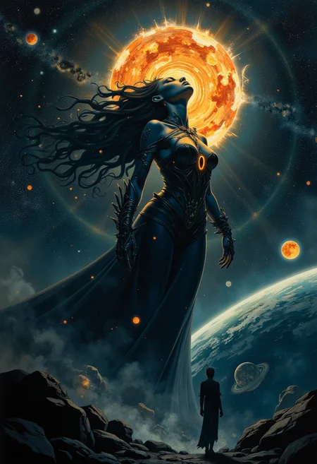 A highly detailed cinematic photograph depicting a fantastical mythic scene in Fanmytwor style.
A massive Dark Goddess looms in the infinite expanse of the cosmos, her towering, shadowy form stretching across the galaxy. Her features are haunting and majestic, with eyes like glowing voids and an open mouth revealing an abyss of swirling darkness. She tilts her head back as the blazing Sun of a distant solar system is drawn toward her maw, its radiant light dimming as it spirals into the consuming void. Around her, stars flicker and die, their brilliance fading in the presence of her overwhelming power. Her ethereal body pulses with energy, a fusion of shadows and the faint glimmers of devoured starlight, as she consumes the Sun whole, plunging the galaxy into a foreboding, eternal night.
