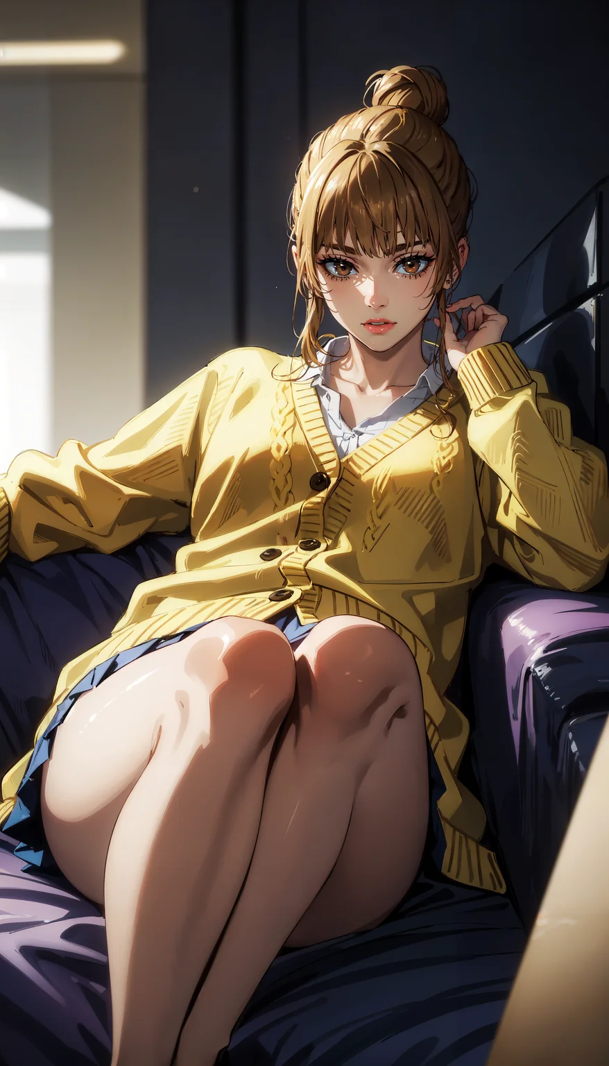 photorealistic, (4k), depth of field, (Masterpiece), (realistic skin texture), extremely detailed, intricate, hyper detailed, professional photography, bokeh, high resolution, sharp detail, best quality, girl, blonde brown hair, single hair bun, brown eyes, yellow cardigan, blue pleated skirt, <lora:GoodHands-beta2:0.4>, <lora:detail_slider_v4:0.8> , dynamic pose, (lying on back), <lora:Nanako Hasaba-000004:0.7> ,