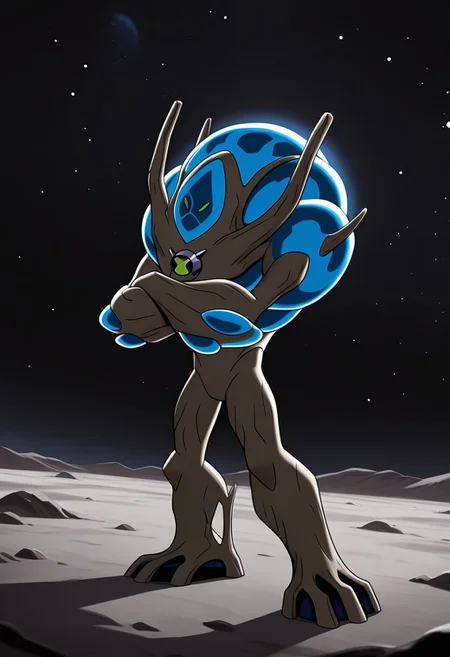 masterpiece, best quality, amazing quality, very aesthetic, absurdres, newest,
,ultswam, standing, pokemon (creature), solo, green eyes, monster,, alien, massive arms, no humans, 
crossed arms, in space, lunar surface, space, atmosphere layer, ozone, blue sun,