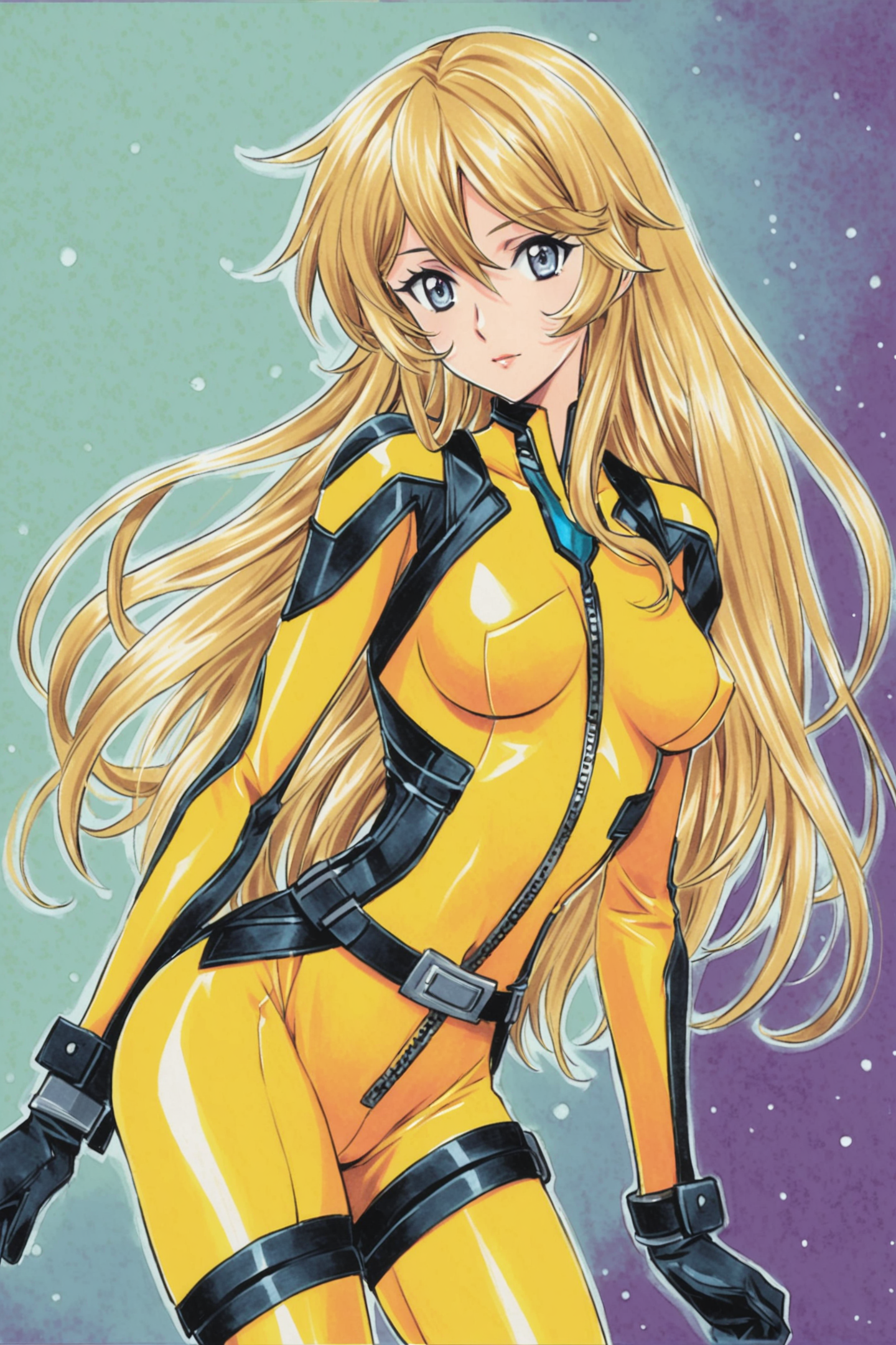 1girl, solo, blonde hair, yellow bodysuit, long hair, bodysuit, breasts, medium breasts, belt, blue eyes, traditional media, skin tight, grey eyes,<lora:Koh Kawarajima_XL:0.8>,