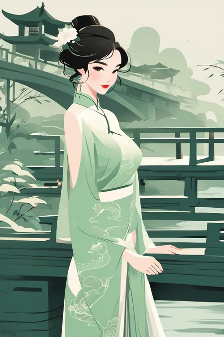 1girl, handsome, minimalismï¼cheongsam, print dragon, on the bridge,Courtyard, creek <lora:minimalism:0.9>