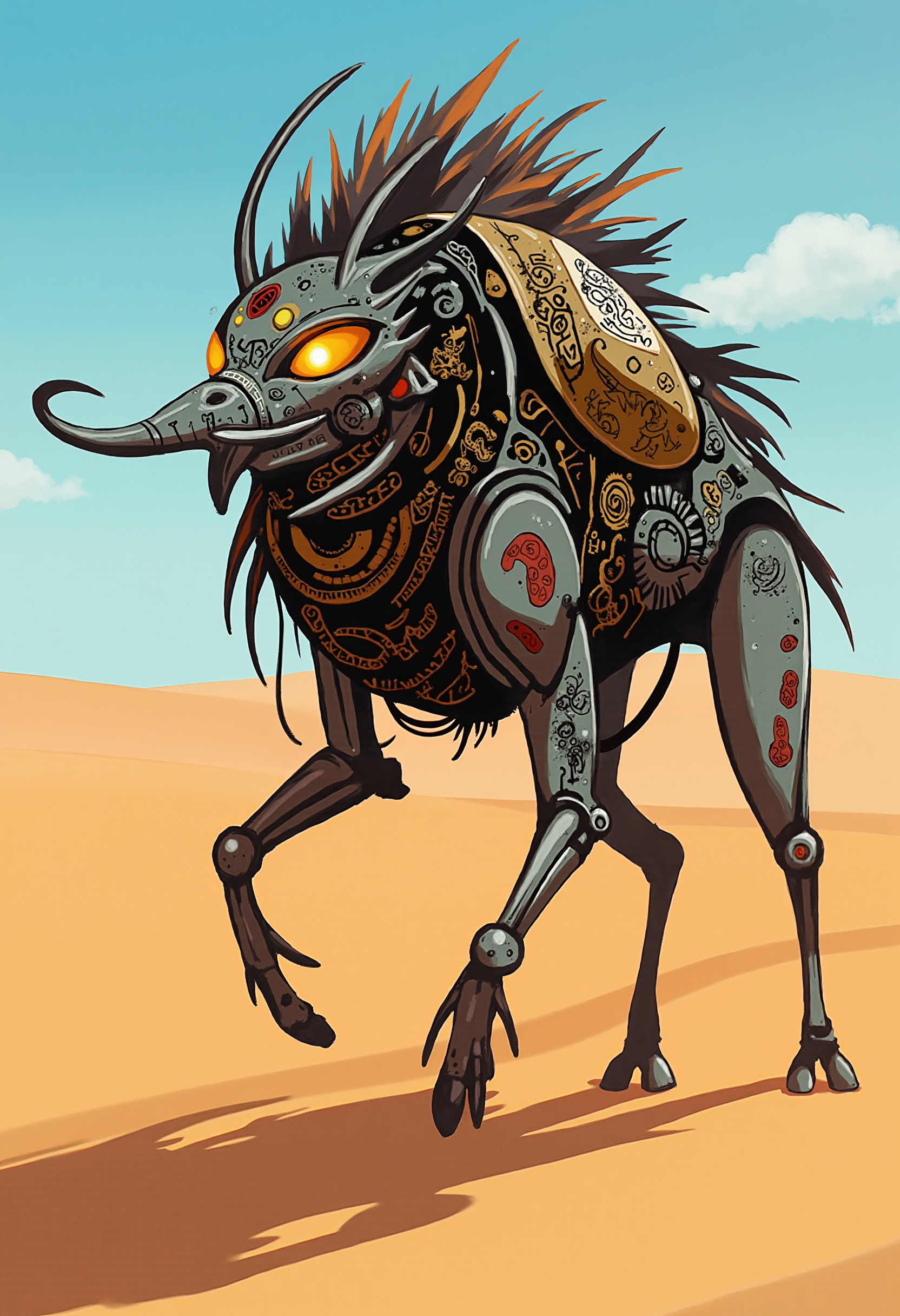 A digital artwork in the style of P0RTR4IT. A mechanical beast with gears and glowing runes etched into its metallic body. It roams a desert of shifting sand, its eyes scanning for lost artifacts of an ancient civilization. 