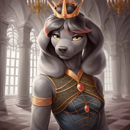 masterpiece, score_9_up, score_8_up, score_7_up, score_6_up, source_furry, (best quality:1.2), ultra-detailed, high resolution, 1dog girl, solo, Princess Molly, female, anthro, canine, slim body, (((beautiful detailed yellow eyes))), long eyelashes, black fur, short black hair, red hair tips, fluffy tail, big floppy dog ears, animal nose, small breast, royal dress, crown, grand ballroom, medieval, chandelier, marble floor, dancing pose, sensual, warm lighting, sharp focus, highly visible, anatomically correct, detailed background