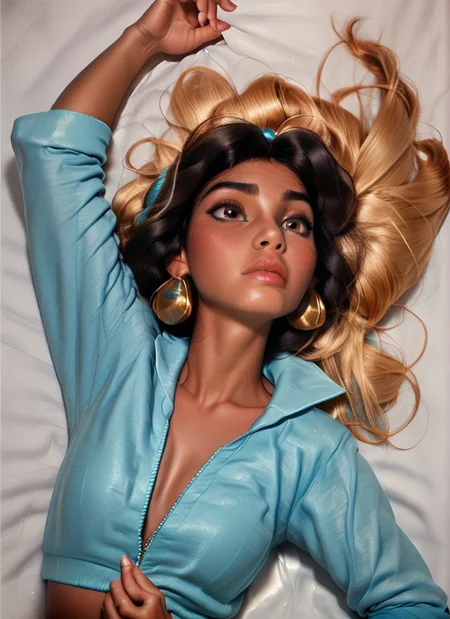 20005l34z3, ,1girl,solo,jacket,lying,breasts, score_9, score_8_up, score_7_up, score_6, score_5, score_4, <lora:2000_Indie_Sleaze_AA:0.85>white background <lora:princess_pony_v1:0.85> princess Jasmine <lora:d3t41l3dXLP:0.65> <lora:incase-ilff-v3-4:0.4>
