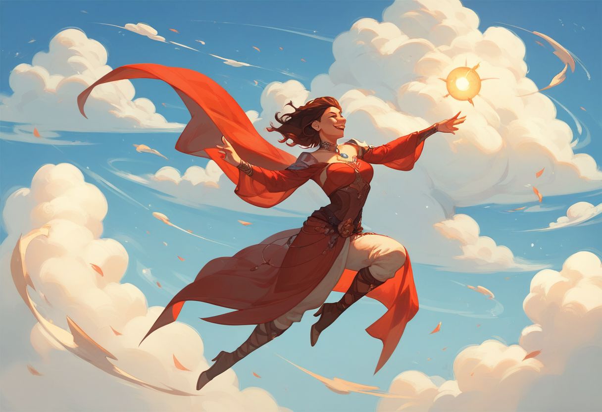 score_9, score_8_up, score_8_up, A female figure gracefully dancing in the clouds, their form and movements creating ripples and currents in the air around them.