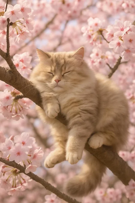 Generate me a cute, fluffy, sleeping cat laying in a cherry blossum tree with its legs dangling.  cute, fluffy, realistic, 8k, uhd, high quality, depth of field,
