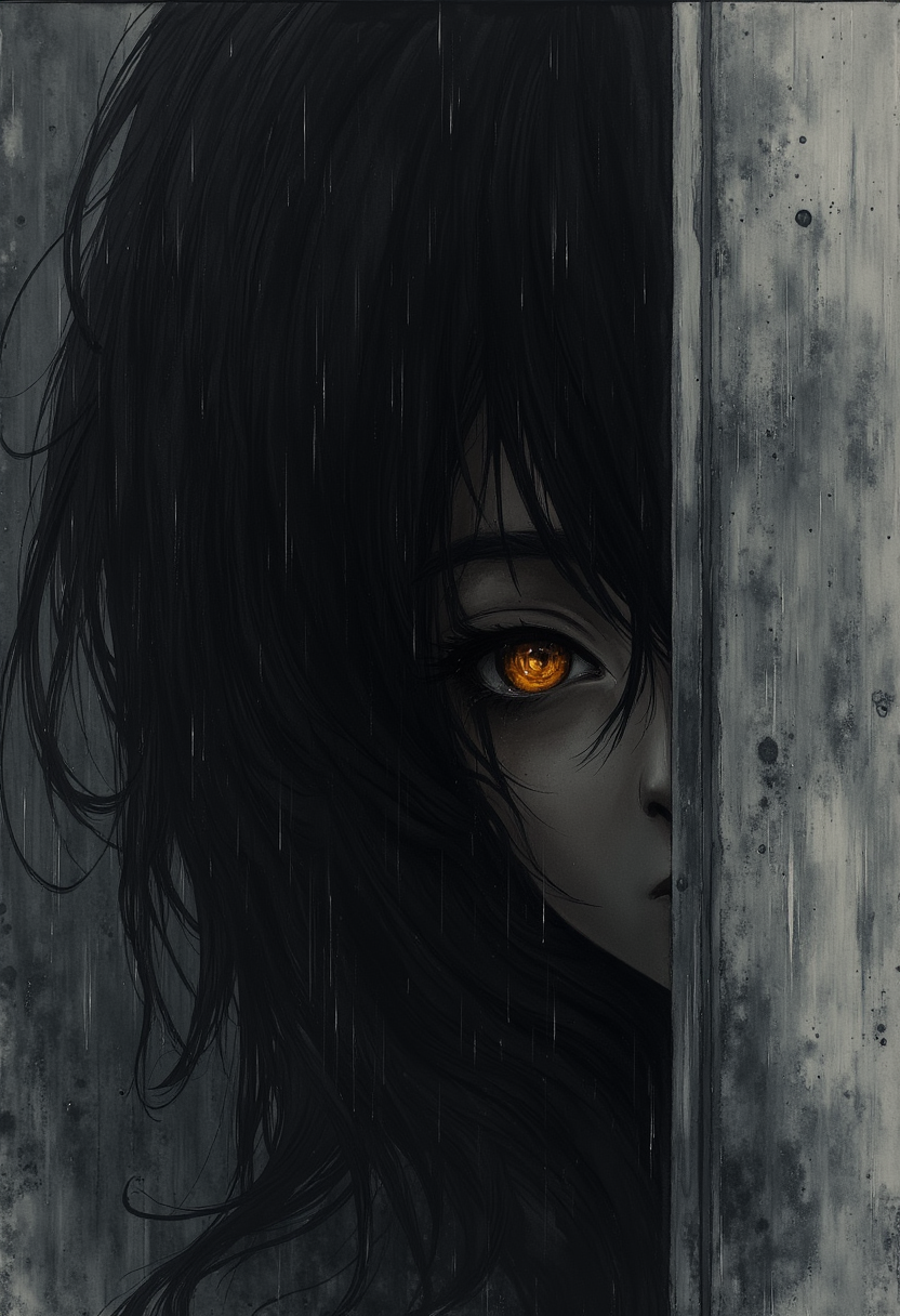A minimalist drawing depicting a haunting silhouette of an anime character, half-concealed behind a rain-soaked wall. The composition focuses on strong, simple lines to define the form, suggesting a sense of mystery and partial revelation. A single, molten-orange eye pierces the darkness, rendered with stark contrast against damp, jet-black hair. The lighting is a suggestion of a flickering streetlight, implied through subtle shading and line weight. The color palette is restricted to charcoal greys and a single, intense orange, evoking a mood of haunting intensity and quiet drama. Emphasize clean lines, negative space, and a limited range of values to achieve a sense of understated power and evocative stillness. ,<lora:flux/fav/ZenInkWashSumi-eFlux.safetensors:1.0:1.0>