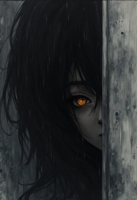 A minimalist drawing depicting a haunting silhouette of an anime character, half-concealed behind a rain-soaked wall. The composition focuses on strong, simple lines to define the form, suggesting a sense of mystery and partial revelation. A single, molten-orange eye pierces the darkness, rendered with stark contrast against damp, jet-black hair. The lighting is a suggestion of a flickering streetlight, implied through subtle shading and line weight. The color palette is restricted to charcoal greys and a single, intense orange, evoking a mood of haunting intensity and quiet drama. Emphasize clean lines, negative space, and a limited range of values to achieve a sense of understated power and evocative stillness. ,<lora:flux/fav/ZenInkWashSumi-eFlux.safetensors:1.0:1.0>