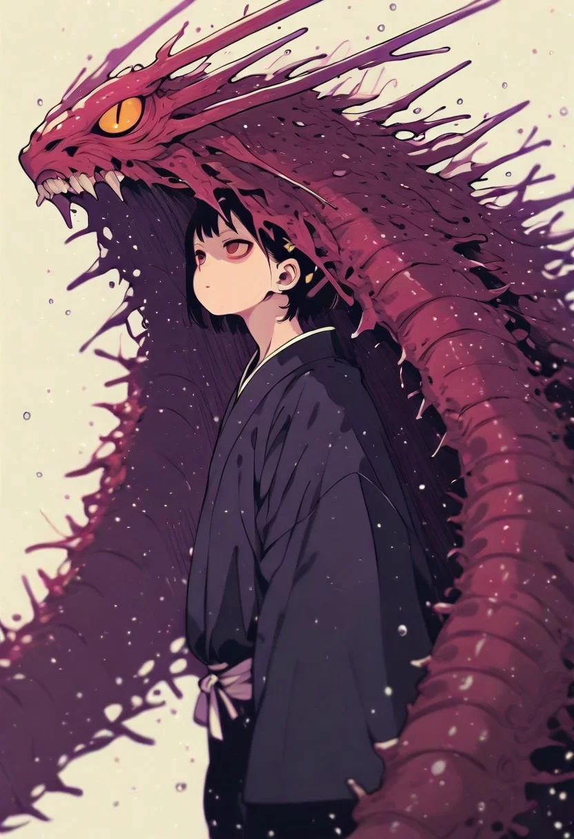 s4bit4mago_illu, 7481llu, masterpiece, best quality, amazing quality, very aesthetic, absurdes, 8K, depth of field, focused subject, best quality, detailed eyes, perfect eyes, realistic eyes,
...
Black kimono, flurry round spiky head
...
Emotionless expression, rainy background, studio ghibli, humanoid, monster man, melancholy mood, dim background, vibrant main character contrasting with dim backgroun, solo, sketch art style, sharp lines, watercolor painting, from side, low angle, dutche angle, <lora:reij-rt:1>, <lora:748cm_illu:0.75>, <lora:Lydart:0.5>, <lora:S4bit4mago:0.75>