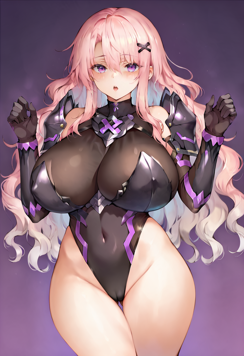 score_9, score_7_up,  1girl, 
huge breasts, wide hips, thick thighs, open mouth, shiny clothes, covered navel, cameltoe, cowboy shot, long hair, solo, pink hair, leotard, purple background, gorget, shoulder armor, hair ornament, :o, impossible clothes, thighs, armor, wavy hair, eyes visible through hair, hands up, black leotard, gloves, breasts, hair between eyes, skindentation, black armor, blush, breastplate, purple eyes, x hair ornament
 <lora:aimee_(emi)-Style-PonyXL-GLoRA+Final-000046:1>