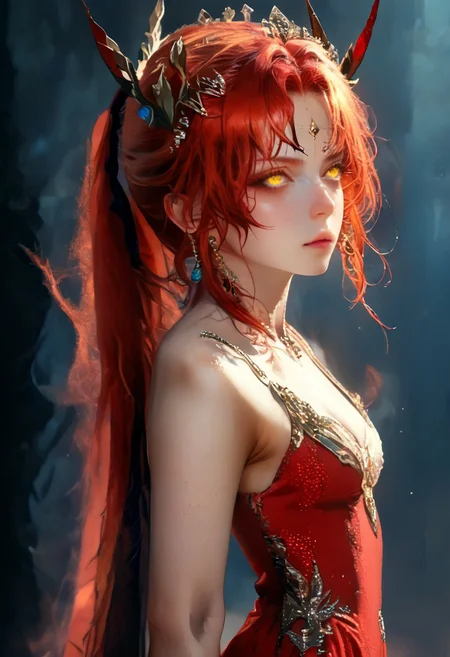 best quality, reality-shot, anime, anime style of a fantastical demon girl with whimsical elements, magical fairytale landscape, elaborate fantasy style art, heliotrope theme, intricate details, ultra sharp, exquisite detail, flawless composition, vivid colors, masterpiece, exciting background <lora:ProtectorsOfTheNatureXL:1> hknature, red hair, streaked hair, golden eyes, long hair ponytail,  red and black horns, spiky horns,  negative_hand,
