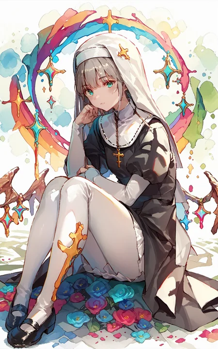 score_9,score_8_up,score_7_up,score_6_up,score_5_up,score_4_up,source_anime,1girl,sitting,<lora:Dsmile_style_pony:1>,Dsmile_style,colorful,white nun