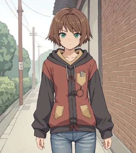 score_9, score_8_up, score_7_up, score_6_up, score_5_up, score_4_up, BREAK source_anime,
1girl, solo, <lora:RitaMordio:0.9>, Rita Mordio, green eyes, brown hair, short hair, flat chest,
hoodie, jeans,
outdoors,
looking at viewer, cowboy shot,,
<lora:mo_(kireinamo):1>,