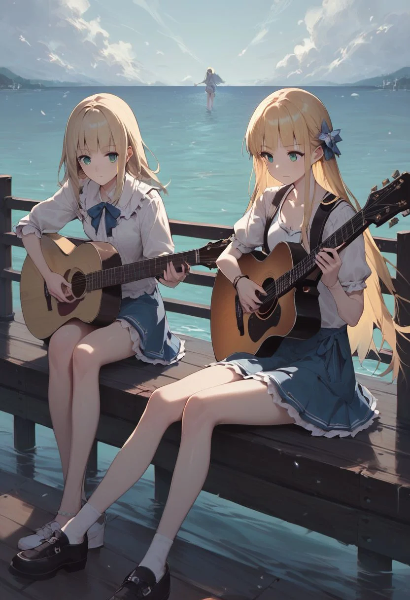 score_9, score_8_up, score_7_up, score_6_up, score_5_up, score_4_up, source_anime, 2 girls, sitting, acoustic_guitar, playing_guitar, playing instrument, sitting, blonde hair, long hair, hime cut, bright green eyes, medium chest, anime, anime 2, pier