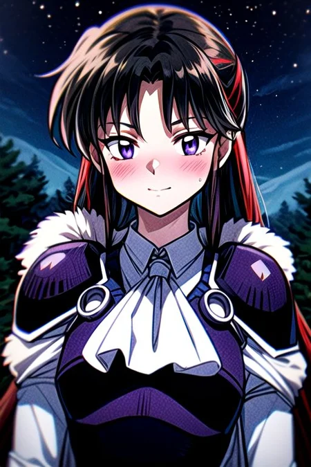 masterpiece, best quality 1girl Setsun4 solo long hair, (night time) forest background black hair very long hair purple eyes multicolored hair armor (fur trim) (medium body),<lora:EMS-179-EMS:0.800000>,<lora:EMS-293862-EMS:0.800000> bow, hair_bow, hair_tubes, red_bow, brown_hair, long_hair, bangs, ascot, frilled_bow, yellow_ascot, blush, smile, hair_between_eyes, athletic, armor, miko