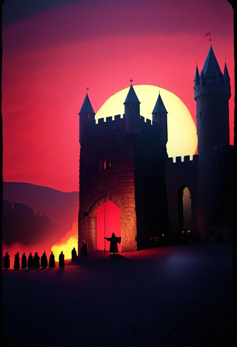 medieval castle, city square, red robes, night, black, very dark, fire, gradient, black border, auto da fe, ((creature)), food, people, scary, weird, silhouette, heretic, (((eerie, unnerving, occult, surreal)))