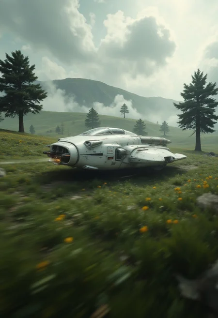 close up of a futuristic space ship passing by, with a simple Dieter Rams design, hovering across an epic lush grass plains scene dotted with a few large trees, the feel of speed is extreme, motion blur, white and black colors with some orange accents, high depth of field, dramatic light, cinematic scene
