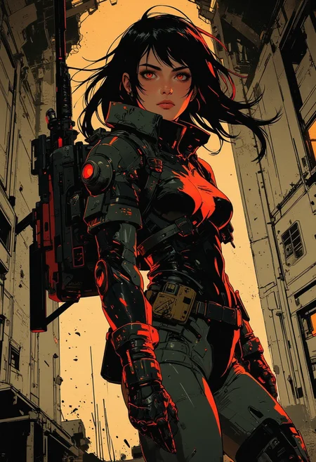 in the style of ck-mgs, nistyle, Inkplash art on rice paper, sepia, henna, Silhouette Art, magnificent, inksplash, closeup portrait, female bounty hunter, flowing black hair, reflective black and neon red armor, futuristic armor, futuristic rifle, walking towards viewer, holding up rifle, aiming rifle, holstered pistol, abstract background suggesting enclosed hallways of a futuristic spaceship, broken pannels and wires hanging off of the walls, eerie atmosphere, Cowboy Shot, close up,