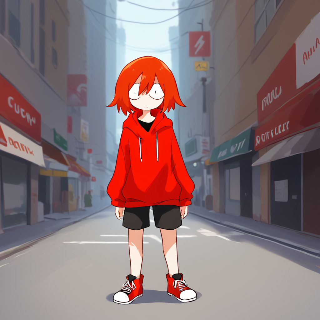 <lora:Meme-chan:1> red hair, red hoodie, short hair, black shorts