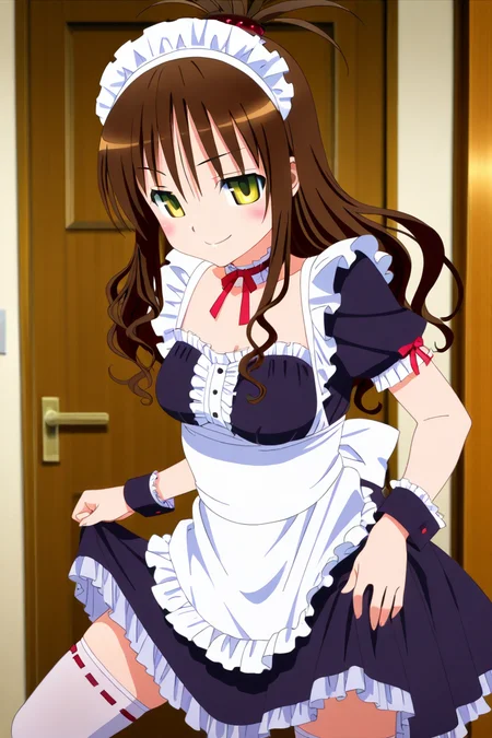 masterpiece, best quality,   <lora:ToLoveRuStyleIXL_v3:1.0>,    1girl, solo, medium breasts, long hair, blush, smile, skirt, brown hair, thighhighs, yellow eyes, clothes lift, apron, zettai ryouiki, wrist cuffs, maid, maid headdress, skirt lift, enmaided, door, yuuki mikan, looking at viewer, frills, choker, white thighhighs, dynamic pose, smile, looking at viewer,