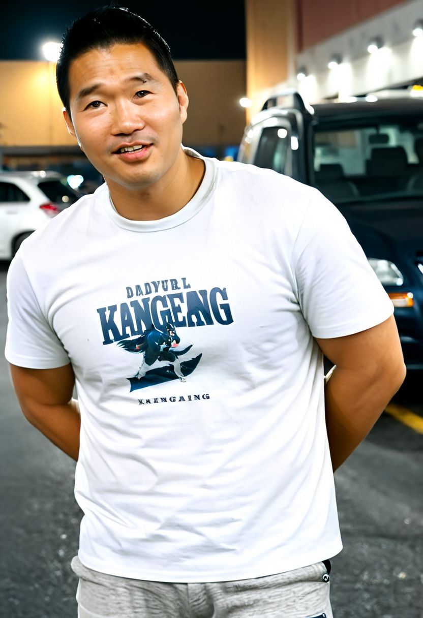 (((htkangface))), daddy,  natural face expression, (((detailed HtKangface))), fixed htKangface Photorealistic, realistic, masterpiece, intricate details, detailed background, depth of field, photo of a handsome, dynamic pose, natural face expression, (((looking at viewer))), high detail, high quality, male focus,  ((white shirt)), ((pants)), (( parking area background)), full body, ((night))