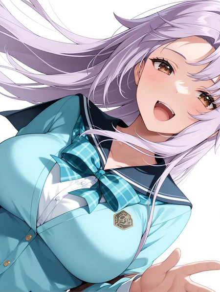 masterpiece,best quality,newest,
1girl,solo,
<lora:n_hime_ilxl_v1.5:1>,hime,brown eyes,purple hair,h_clothes,school uniform,plaid bow,light blue cardigan,
<lora:Fixhands_anime_bdsqlsz_V1:1>,floating hair,dynamic_angle,simple_background,white background,laughing,upper_body,face_focus,front view,portrait,looking_at_viewer,standing,white_background,hair down,long hair,