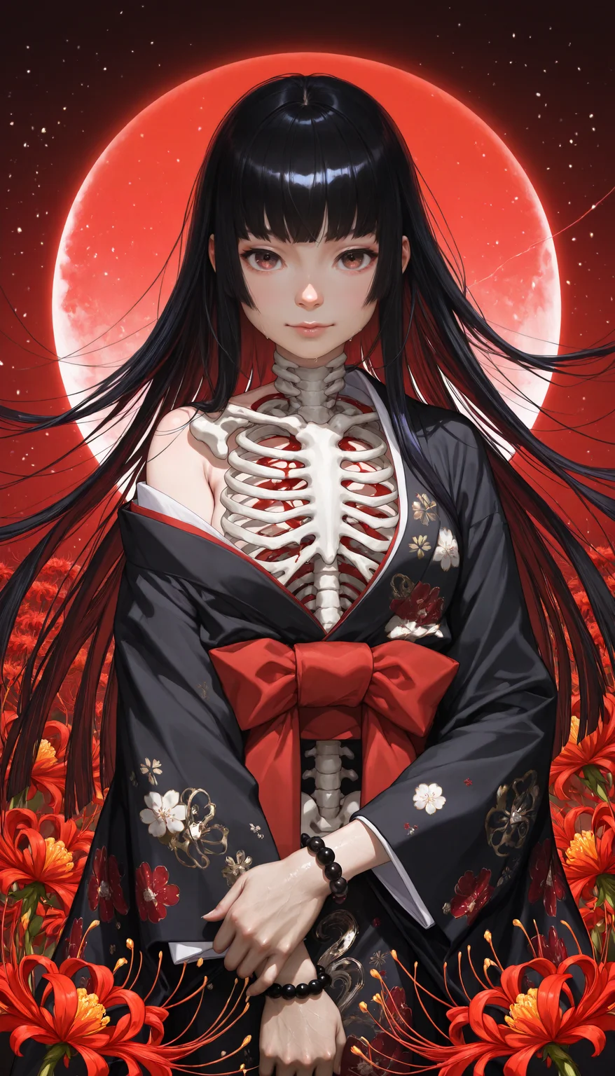 (abstract:1.5, swirling_bg, spiral_background, Highly detailed, fine fabric detail, high-resolution, detailed texture, absurdres, highly-detailed, best quality, vibrant, colorful, masterpiece, very aesthetic, stunning, depth of field, detailed iris, detailed eyes, soft luminescent glow, gentle smile playing on lips, subtle chest undulation, delicate jawline, petite nose, décolletage accentuated by draped fabric, relaxed shoulders, intimate ambiance, warm skin undertones, suggestive shadow play on upper body)
((1girl, mature_female, medium_breasts, jigoku_shoujo, hime_cut, enma_ai, very_long_hair, black_hair, blunt_bangs, blunt_sidelocks, black_kimono, print_kimono, floral_print_kimono, floating_hair, furisode_sleeves, furisode, red_eyes, japanese_clothes, red_background, sumi-e, calligraphy, beaded_bracelet, long_eyelashes, skeleton, floating hair, blood, blood_splatter, crescent_moon, red_spider_lily, spider_lily, single_bare_shoulder, looking_aside, red string, straw_doll, night_sky, red aurora_\(phenomenon\), cherry_blossom, x-ray, purple and red xiangyun, red_clouds, wide_sleeves, exposed_rib_cage, lungs, organs, spine, plant_growth, flower_over_eye, crying_blood))
realistic, photorealistic, very aesthetic, best quality, absurdres, masterpiece, best quality, amazing quality, newest, scenery, depth of field, 3D illustration, masterpiece, best quality, semi-realistic, amazing quality, very aesthetic, absurdres, newest, scenery, volumetric lighting, HDR, chiaroscuro, vignetting, dutch angle