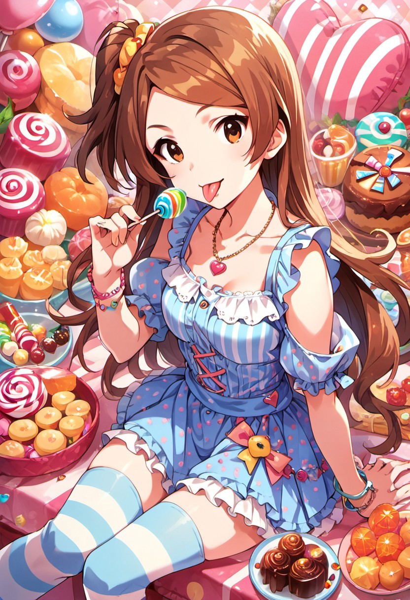 score_9, score_8_up, score_7_up, source_anime,ogami tamaki, long hair, brown hair, brown eyes, 1girl, food, candy, jewelry, lollipop, one side up, bracelet, thighhighs, striped, looking at viewer, necklace, tongue