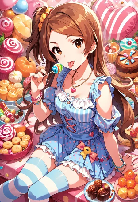 score_9, score_8_up, score_7_up, source_anime,ogami tamaki, long hair, brown hair, brown eyes, 1girl, food, candy, jewelry, lollipop, one side up, bracelet, thighhighs, striped, looking at viewer, necklace, tongue