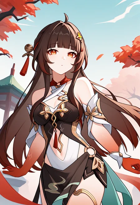 score_9,score_8_up,score_7_up,score_6_up,score_5_up,score_4_up,
1girl, lingsha \(honkai: star rail\), long hair, breasts, dress, chinese clothes, red gloves, ahoge, hair ornament, detached sleeves, navel cutout, ahoge, thighlet, wrist cuffs, criss-cross halter,single wrist cuff,
solo, cowboy shot, outdoors, looking at viewer,
<lora:lingshaponyxl5:1>