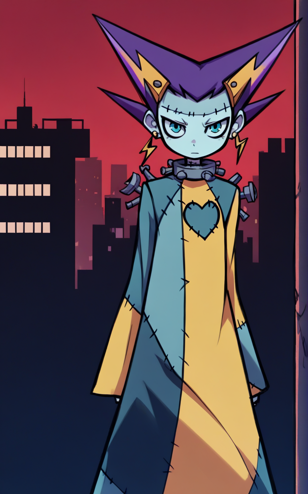 best quality, absurdres,<lora:BolivanteStyleITS:0.8>,   <lora:SHAITS:0.8>, SHAITS, earrings, jewelry, blue eyes, spiked hair, colored skin, multicolored hair, object through head, long sleeves, multicolored dress, screw, two-tone hair, sleeves past wrists, bolt, stitches,slim,purple hair, wide sleeves, blue skin,city, gothic, night, red sky