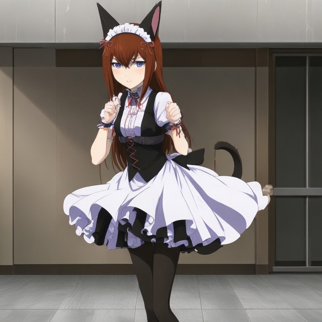 anime style , maid outfit , A cute and beautiful image of Makise Kurisu in maid outfit making a cat pose , ribbon , sexy legs , naughty pose