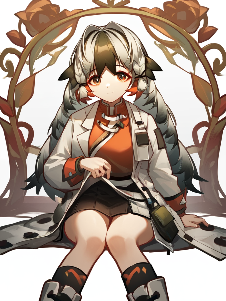 score_9,score_8_up,score_7_up,<lora:snowsant_(arknights):1>,sketch, simple background, boots, black skirt, sitting, blanket, coat, black socks, solo, long sleeves, snowsant (arknights), white background, feathers, 1girl, looking at viewer