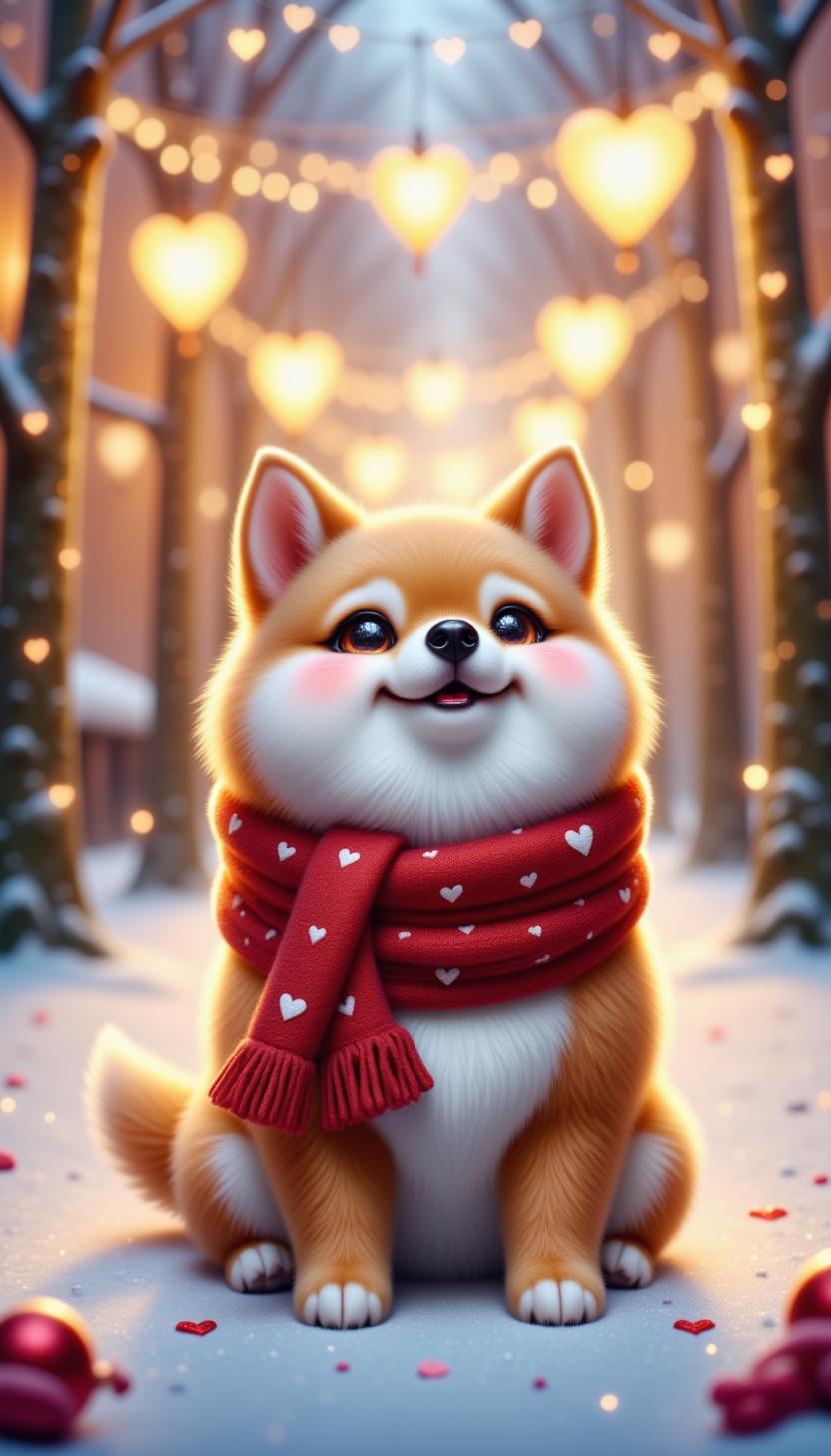 pinkchibivalentine, 
 A chubby orange-brown shiba inu with pointy ears, curly tail, and white-tipped paws. It's wearing a dark red scarf with small embroidered white hearts, sitting on a snowy street decorated with heart-shaped lanterns glowing warm yellow light.