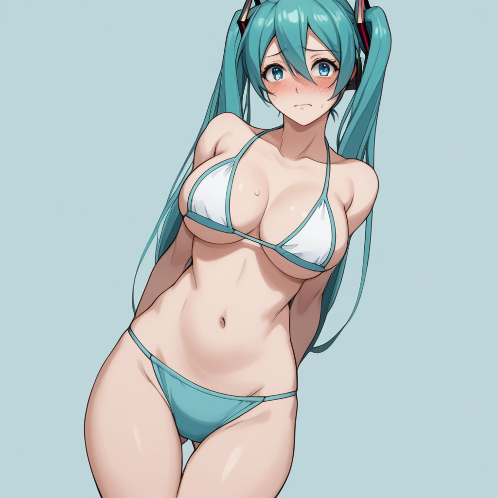 score_9, score_8_up, score_7_up, source_anime, expressive, anime, (T5UM4N3T0R1:1.2), Artist speedlines, dynamic, 1girl, (hatsune_miku), aqua hair, twintails, blue eyes, (white bikini), large breasts, skinny, thick thighs, navel, standing, shy, blush, blushing, embarrassed, sensual, horny, longing, looking at viewer, source_hentai, simple background