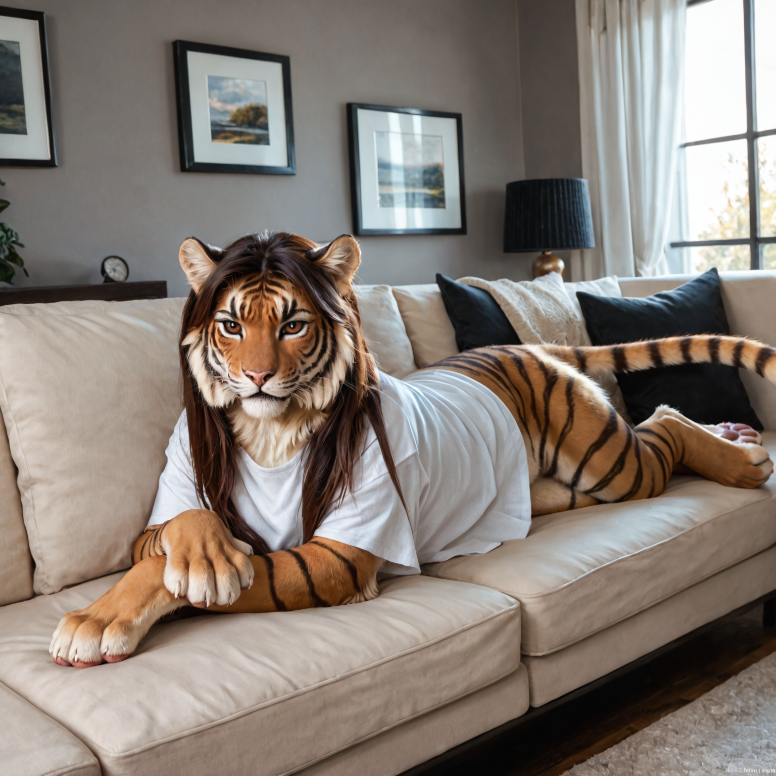 score_9, score_8_up, score_7_up, score_6_up, <lora:felids_pony_v1:0.5>, tiger, (clothed feral), (feral), felid, feline, (brown hair, long hair, hair), (shirt, white shirt), (detailed background), living room, modern living room, (annoyed, annoyed expression), expressive, female, fur, hair, solo, high quality, pose, sofa, furred body, paws, handpaw, fluffy, (detailed eyes, brown eyes), highly detailed, realistic fur, beautiful, photorealism, photorealistic, <lora:Furry Enhancer V5.2:0.3>, dslr, photo, expressive, (eyebrows), full body, window, shelves, topwear, 23 years old, pawpads, paw pads, dutch angle, reading, reading book, eyelashes, arms crossed, talking, talking to viewer, first person view, pov