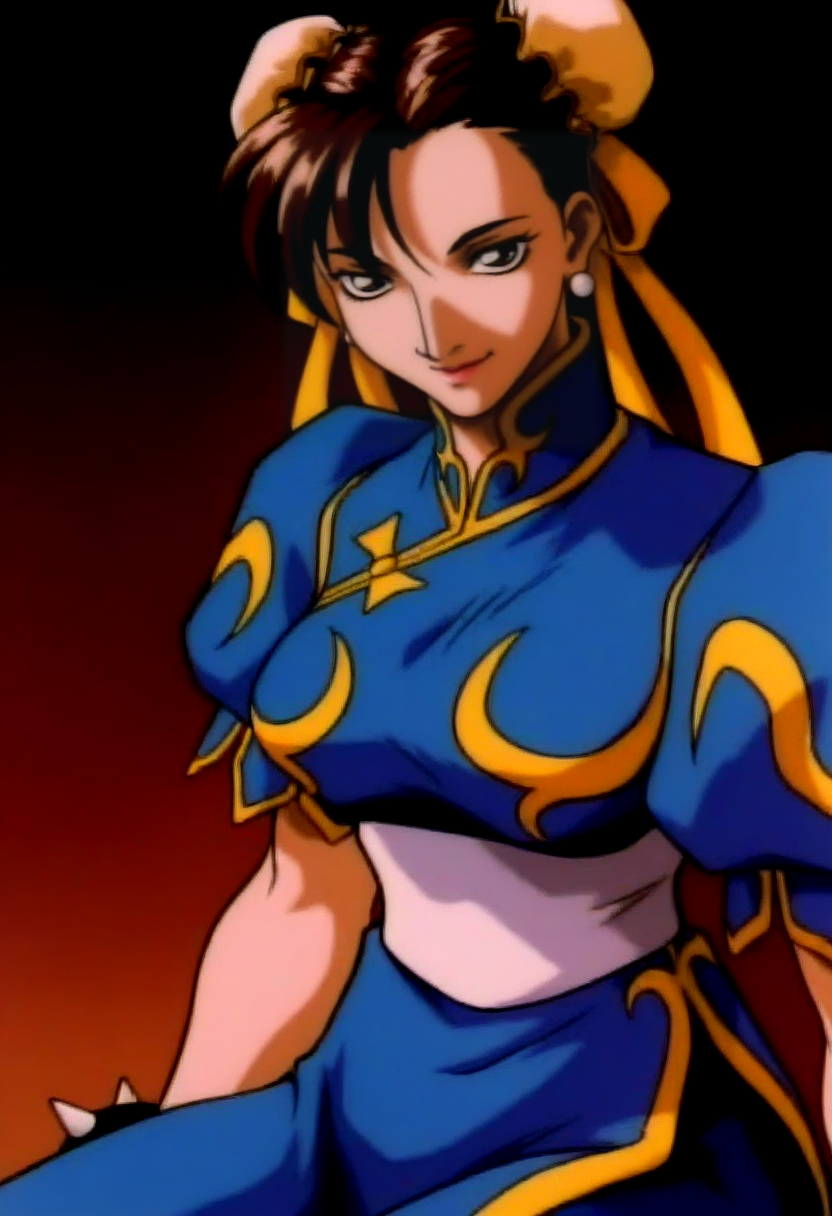 masterpiece, best quality, solo, 1girl, smile, looking at viewer, <lora:Darkstalkers-Ova-illus_Fp:1>, 1990s \(style\), retro artstyle, chun-li, sitting,