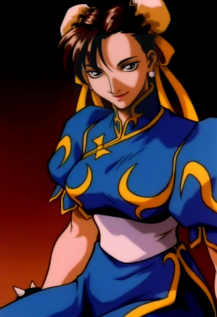 masterpiece, best quality, solo, 1girl, smile, looking at viewer, <lora:Darkstalkers-Ova-illus_Fp:1>, 1990s \(style\), retro artstyle, chun-li, sitting,