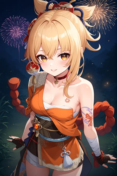 score_9, score_8_up, score_7_up, score_6_up,
<lora:P-Yoimiya:1>, y01m1y4, 1girl, solo, tattoo, vision (genshin impact), arm tattoo, chest tatoo, blonde hair, hair ornament, yellow eyes,
bandages, japanese clothes, sash, bandaged arm, fingerless gloves, obi, shimenawao, orange kimono, hadanugi, dousa, rope, red choker, thighs,
small breasts, cleavage, seductive smile, parted lips, eyelashes, standing, thin body, skinny, posing like a model, sexy, seductive pose, suggestive pose,
forest background, night sky, fireworks,