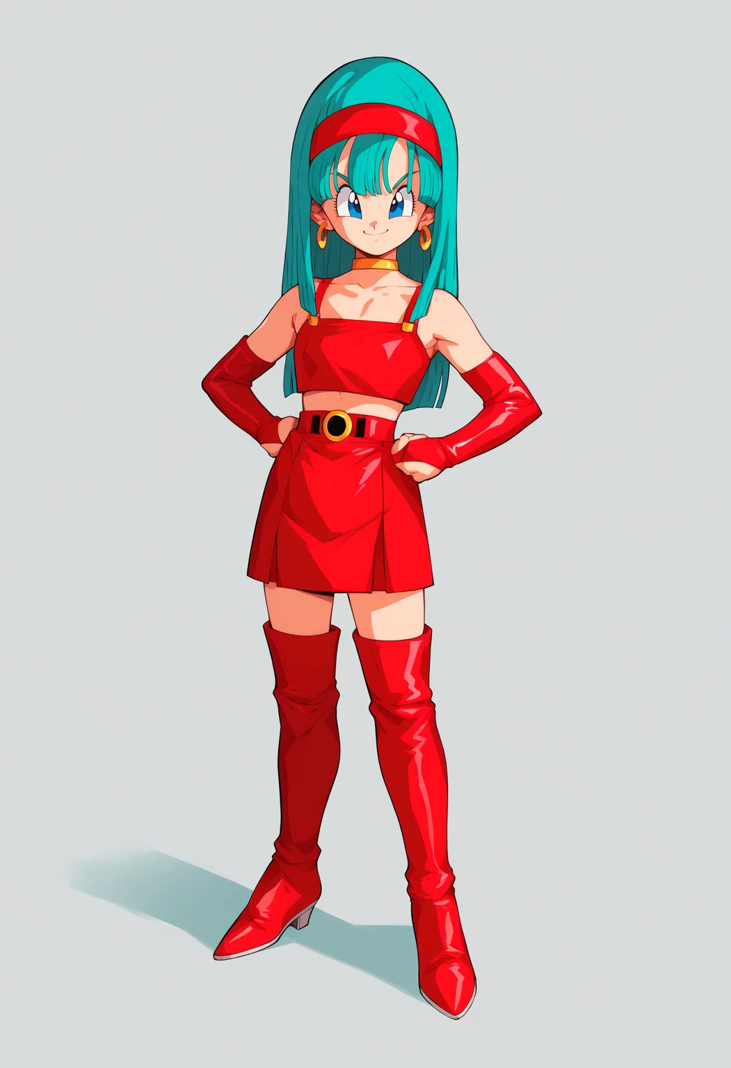 score_9, score_8_up, score_7_up, score_6_up, score_5_up, score_4_up, BREAK,
1girl, bulla, aqua hair, long hair, blue eyes, hairband,
choker, crop top, earrings, red bridal gauntlets, red elbow gloves, midriff, red skirt, red thigh boots,
hands on hips, full body, standing, smile, looking at viewer, solo, simple background, white background <lora:BullaXL:1>
