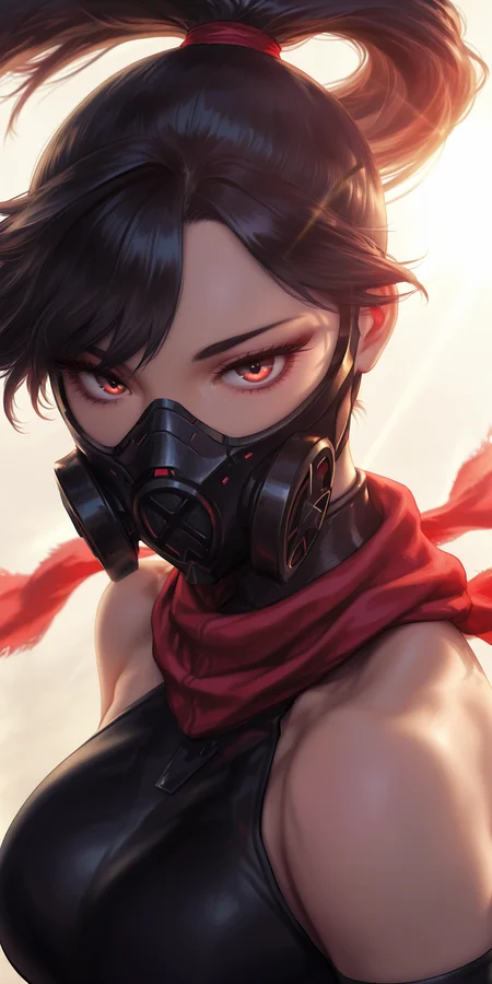{{amazing quality, best quality, high quality, very aesthetic}}, 1girl, solo, looking at viewer, simple background, looking at viewer, long hair, black hair, high ponytail, asymmetrical bangs, red eyes
BREAK
breasts, large breasts, black leotard, halterneck, black elbow gloves, red scarf, respirator, bare shoulders, portrait, eyelashes, turtleneck, upper body, dramatic lighting, backlighting
<lora:Artgerm_Illustration_Illustrious:0.9>