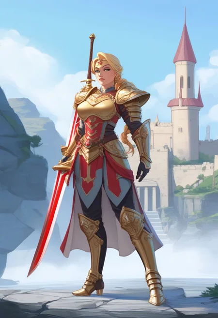 score_9, score_8_up, score_7_up, score_6_up, source_cartoon, rating_safe, Female Knight standing tall, clad in gleaming gilded armor adorned with an abundance of ornaments that shimmer and shine. Her armor is a masterpiece of craftsmanship, boasting intricate details and engravings that seem to dance across her imposing physique. In one hand, she wields a massive sword, its blade etched with runes that pulse with energy. The sword appears to be an extension of her unyielding spirit, forged from countless battles and victories. She wears an towering shield in the other hand Castle background, (soft painting), cromachina, half-closed eyes, narrowed eyes, eyelashes,