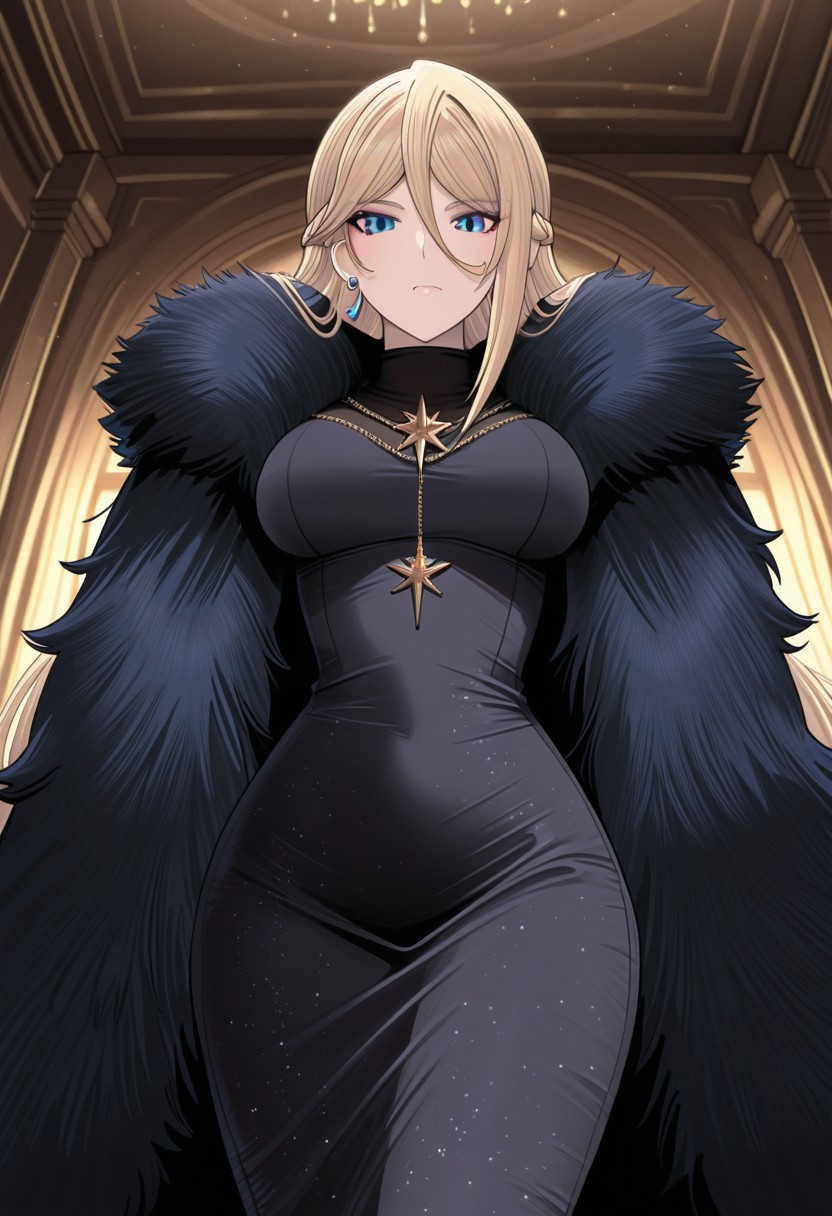 masterpiece,best quality,highres, absurdres,  
camilla_(kichiku_eiyuu), long hair, large breasts, blue eyes, blond hair, 1girl, solo, hair between eyes, bangs, braid, 
camilla_default ,black dress, long dress, jewelry, earrings, fur trim, fur-trimmed coat,
 