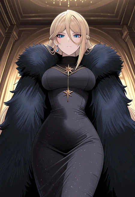 masterpiece,best quality,highres, absurdres,
camilla_(kichiku_eiyuu), long hair, large breasts, blue eyes, blond hair, 1girl, solo, hair between eyes, bangs, braid,
camilla_default ,black dress, long dress, jewelry, earrings, fur trim, fur-trimmed coat,