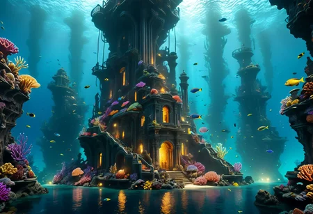(((extremely detailed, very dark focused, amazing quality, best quality, hyper detailed, ultra detailed, UHD, perfect anatomy, dof, hyper-realism, majestic, awesome, inspiring, RAW photo, extremely details, greg rutkowski, photo of Mind blowing depth and foreground clarity , stunning, high quality, photorealistic, extreme angle shot, aerial shot))), ((dramatic lighting, detailed atmosphere, dark, moody, intricate details)), (((volumetric lighting, high resolution, 8k, best quality, hyper detailed, ultra detailed, ultra high definition, super sharp focus, great detail of textures))), ((masterpiece)), ((cinematic composition, shadows, national geographic style)), A vibrant underwater landscape that plunges into the depths of a thriving ocean world. Vast coral reefs, teeming with a kaleidoscope of colorful marine life, stretch out as far as the eye can see, their delicate structures swaying gently with the currents. mesmerizing dance of color and light. underwater city glimmers,by a network of bioluminescent lights that mimic the natural glow of the surrounding ocean. Gleaming aquatic vehicles zip past, their occupants going about their daily routines within this underwater metropolis. Further still, the ocean floor falls away into a mysterious chasm, revealing ancient ruins long forgotten by time, their rusted metal structures and crumbling statues a testament to the vastness of time that has passed since they were last touched by the sun.