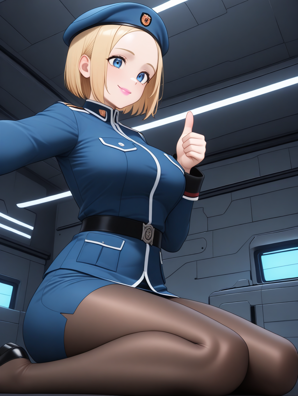 perfect quality,best quality,absolutely eye-catching,ambient occlusion,raytracing BREAK
1girl,<lora:marietta IL v2.1:0.8>,marietta,dark blonde hair,short hair,forehead,blue beret,blue military uniform,blue eyes,pencil skirt,pantyhose,long sleeves,tareme,white line,pink lips,smile,indoors,spacecraft,solo, from below,medium_shot,the_pose,thumbs_up,outstretched_arm,wariza,
